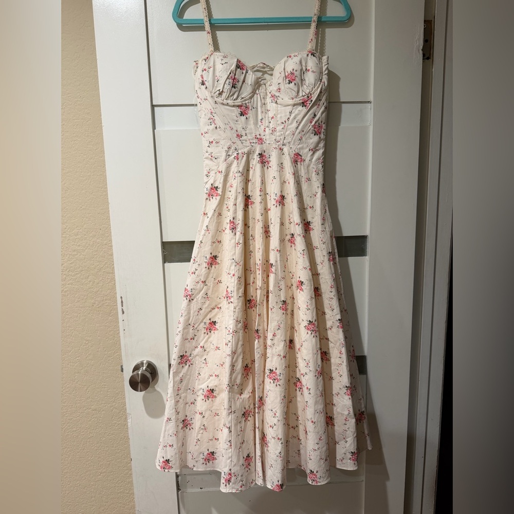 House of CB Cream Floral Midi Dress with Pink Rose Print